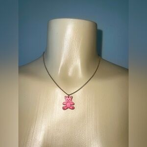 Cute Pink Wood Teddy Bear Necklace 🧸